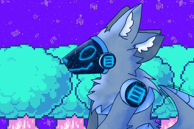 a blue protogen in omocat's artstyle in omori's vast forest with trees behind them.