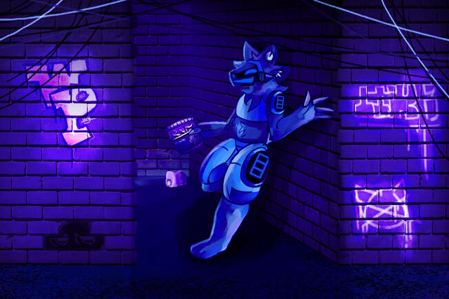 a blue protogen in an alleyway, holding a bag labelled "Ram Chips", a soda can in the background, and graffiti on the left, with the letters WP, and more on the right, saying "hiki" and more below it, a design of a circle with cat ears and a big "X" throug