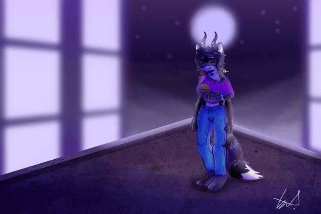 a raccoon with horns facing the viewer standing on a rooftop with the moon behind them, clearly visible