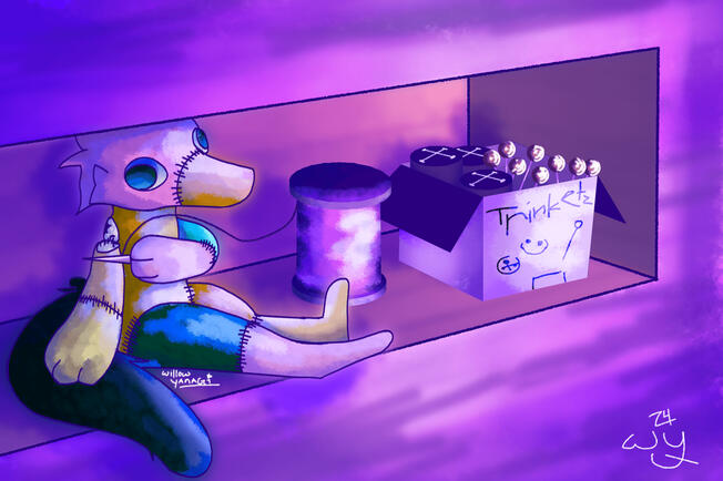 a patched up plush stands next to a spool of thread and a box with buttons and pins sloppily labelled "trinketz".