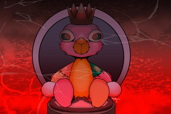 a patched up plush stands next to a spool of thread and a box with buttons and pins sloppily labelled "trinketz".